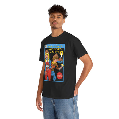 Luxury unisex graphic t-shirt featuring the whimsical book cover design for 'The Mystery of Who Gives a Shit?', showcasing vibrant colours and playful illustrations.