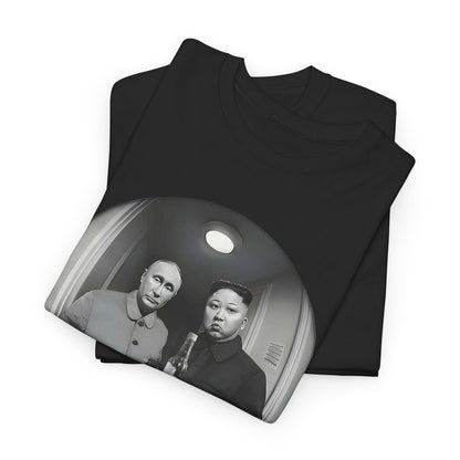 Elegant Meet The Neighbours graphic t-shirt displaying an artistic take on geopolitical leaders in a unique fisheye lens design, combining class with a humorous statement.