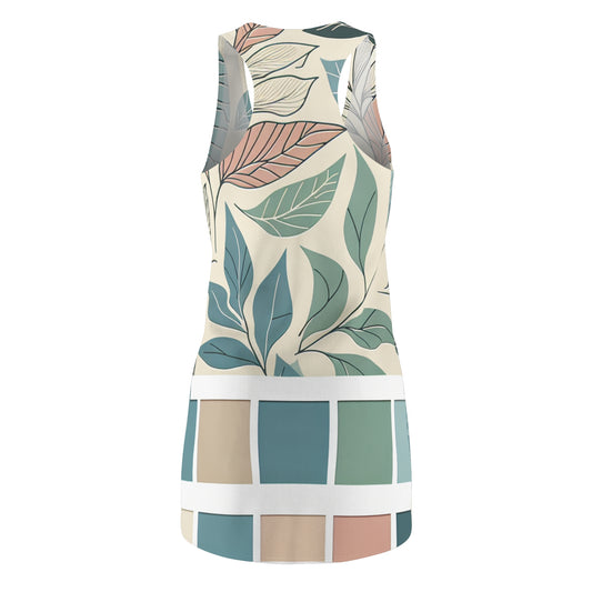 Close-up of Luca Bellevoir Racerback Dress highlights its chic leaf design in soothing pastel tones, ideal for fashion-forward women.