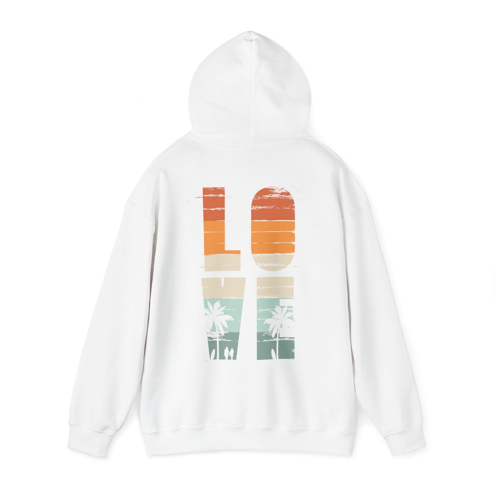 Sophisticated Vintage Love Hoodie in white, featuring a stylish back graphic of the word 'LOVE' with palm silhouettes, ideal for adding a touch of nostalgia to your attire.