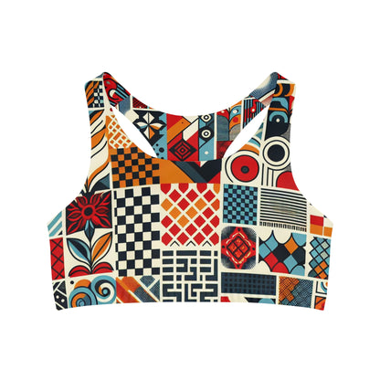 Elara Stirling Luxury Sports Bra by Dazzling Dreams Studio featuring a vibrant red checkerboard design, perfect for stylish and high-performance workouts.