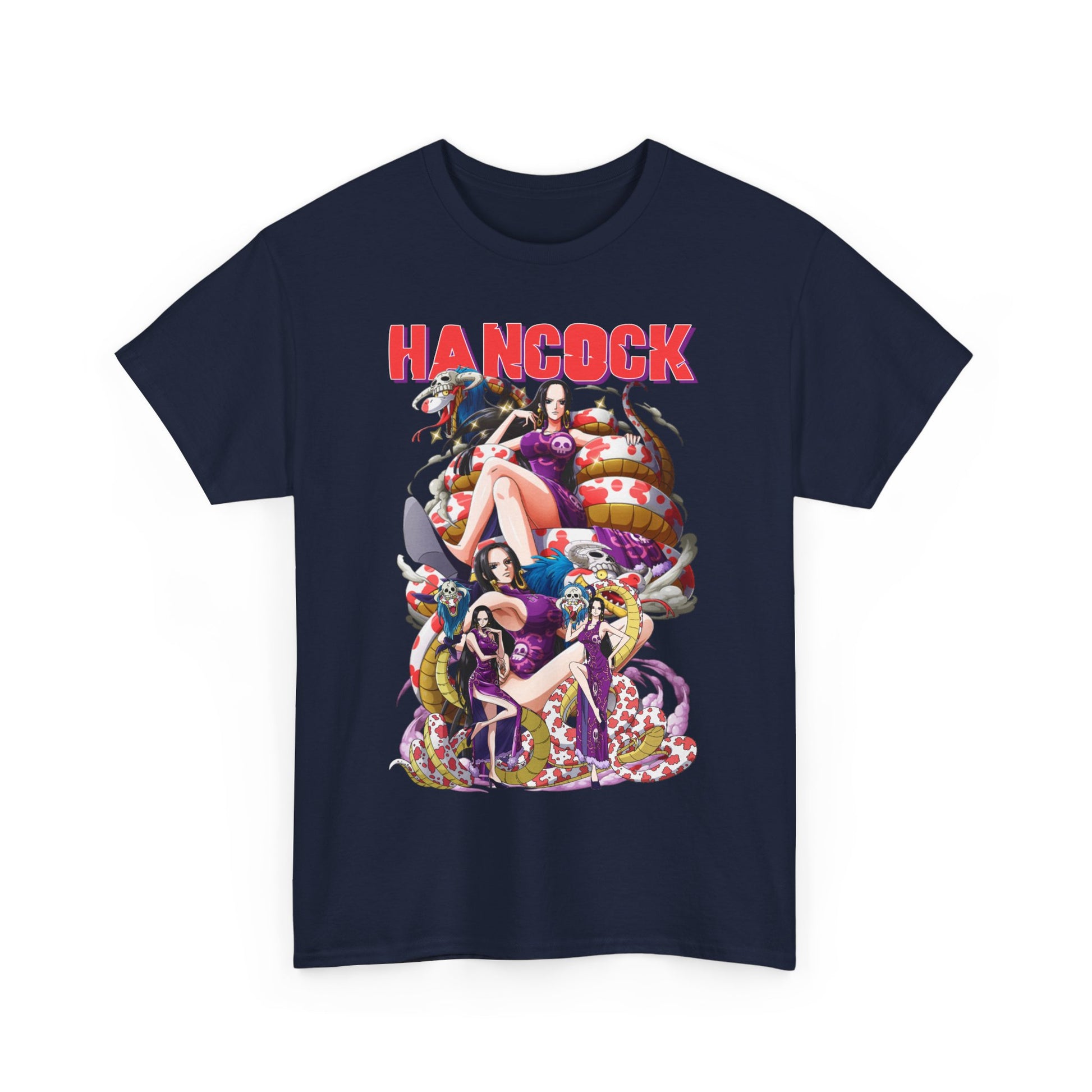 Stylish Hancock Anime T-Shirt: Elegant navy blue tee featuring intricate anime artwork of Hancock surrounded by a mesmerizing serpent and vibrant motifs.