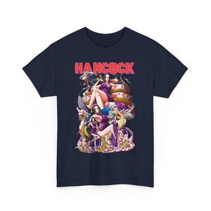 Stylish Hancock Anime T-Shirt: Elegant navy blue tee featuring intricate anime artwork of Hancock surrounded by a mesmerizing serpent and vibrant motifs.