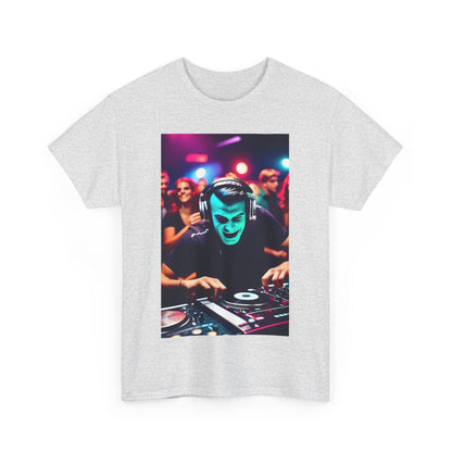 Front view of the Street Monster Graphic T-Shirt featuring a vibrant graphic of a DJ in a nightclub setting, embodying the spirit of urban streetwear.