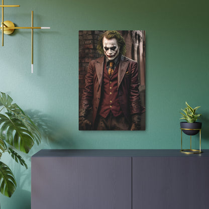 Joker Metal Art Poster artfully positioned in a stylish setting, highlighting the classic Dark Knight character with a high-quality matte aluminum design, perfect for sophisticated decor.
