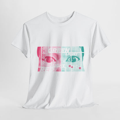 Elegant white Squid Game unisex T-shirt featuring a vibrant graphic design with 'GREEN LIGHT' and 'RED LIGHT' text, stylishly representing the popular survival game theme.