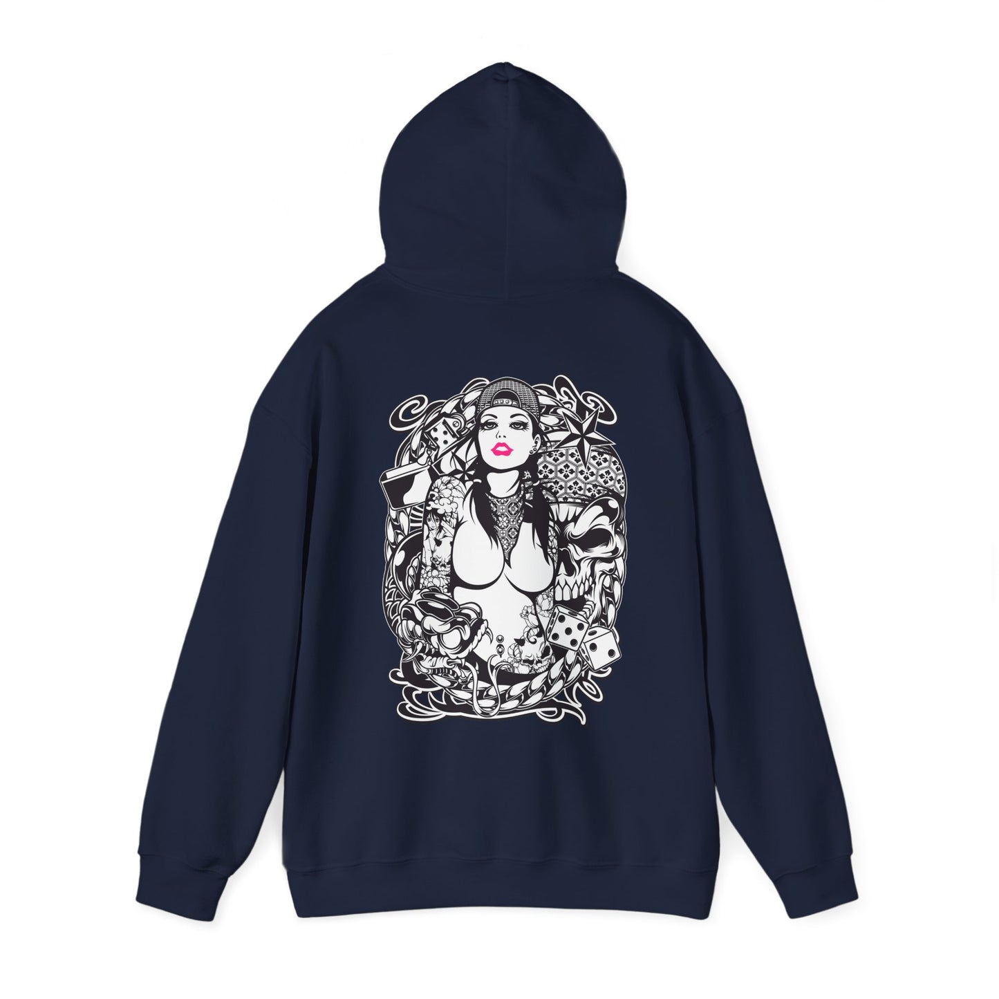 Sophisticated navy hoodie showcasing an intricate back print featuring a bold woman surrounded by tattoos, flowers, and dice, ideal for those who embrace unique style.
