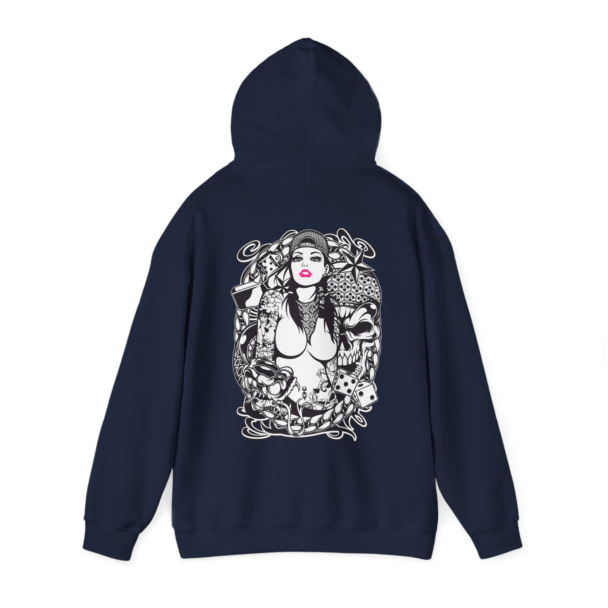Sophisticated navy hoodie showcasing an intricate back print featuring a bold woman surrounded by tattoos, flowers, and dice, ideal for those who embrace unique style.