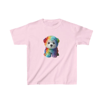 Unisex Kids Beaded Dog Cotton T-Shirt Tee Youths Childs - Light pink shirt adorned with a delightful rainbow beaded dog graphic, perfect for stylish youngsters.