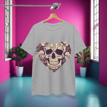 Stylish presentation of the Skulls and Roses Cotton Tee displayed in a modern, vibrant room, perfect for showcasing its unique graphic.