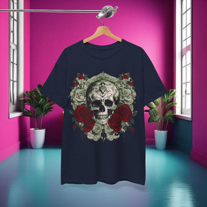 The Skulls and Roses Cotton Tee displayed elegantly on a hanger in a modern setting, highlighting its unique steampunk design and versatility.