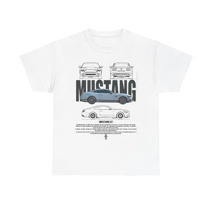 Elegant Ford Mustang GT T-Shirt featuring detailed technical drawings, displayed on a sophisticated white background, perfect for automotive enthusiasts.