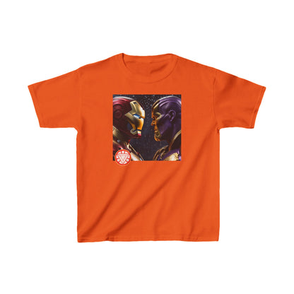 Kids Iron Man Heavy Cotton T-Shirt with Hulk Print in striking orange featuring an exciting Iron Man and Thanos illustration, a fashionable choice for little superheroes.
