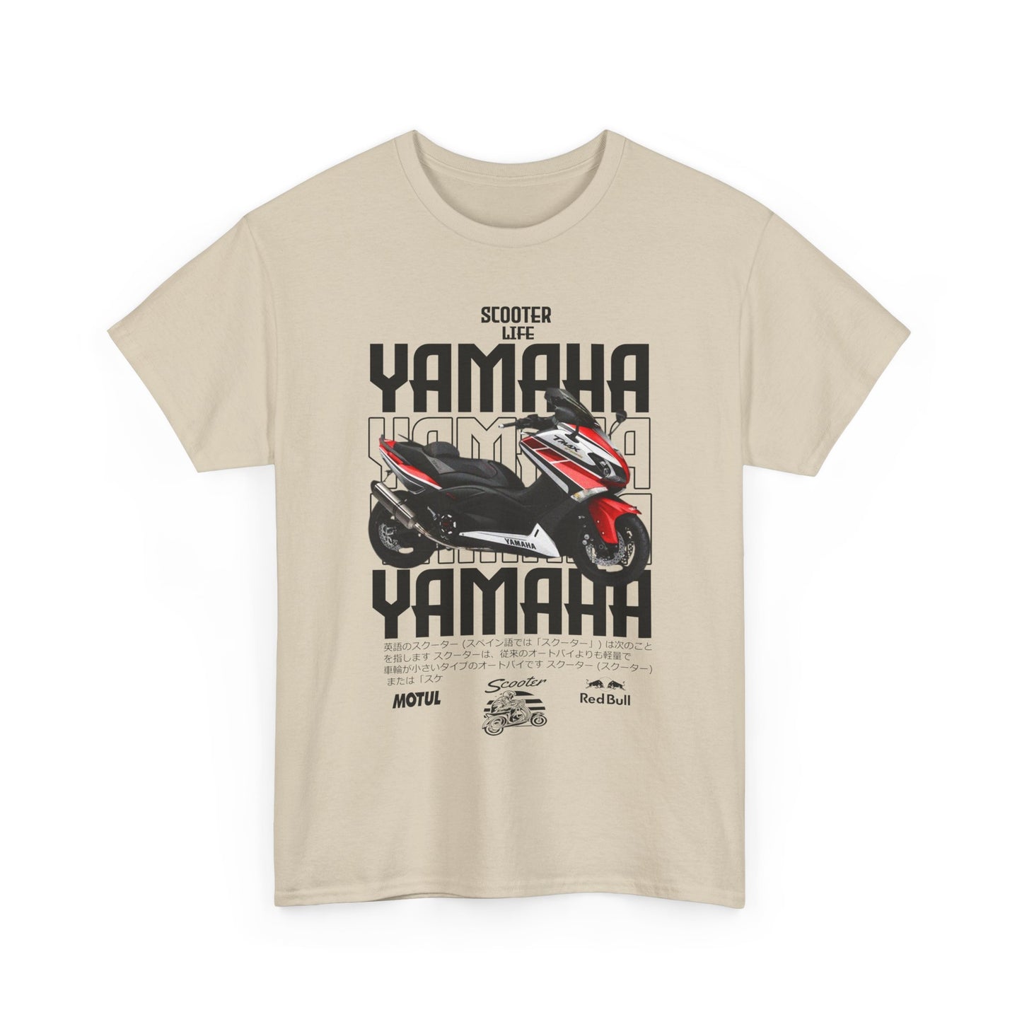 Front view of the YAMAHA Scooter Life Men's T-Shirt in beige, featuring striking graphics of a stylish scooter and bold YAMAHA branding.