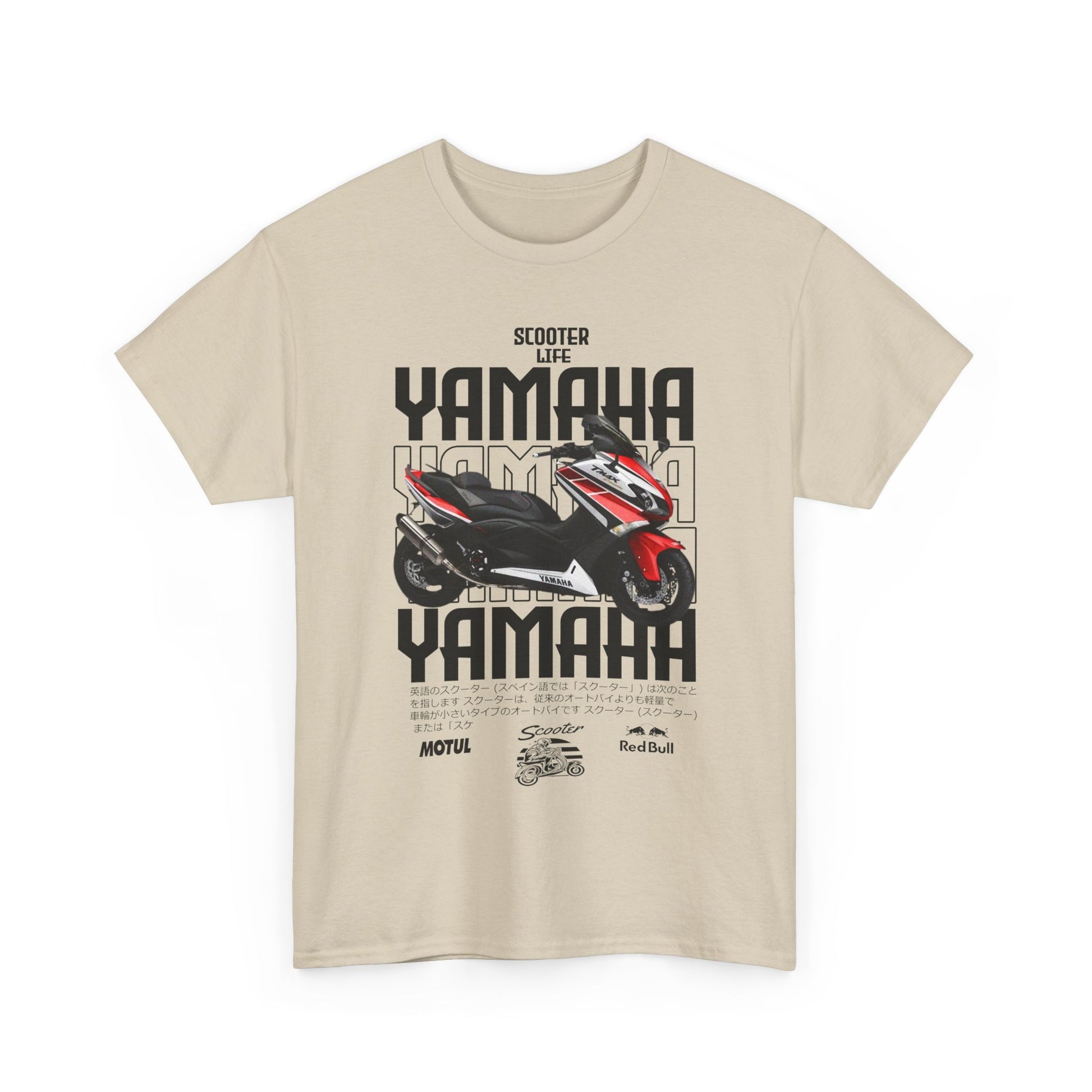 Yamaha Scooter Life Men's T-Shirt featuring striking graphics in a red and white design, showcasing a scooter rider and bold 'Yamaha' text, perfect for motorcycle enthusiasts. Premium fabric and vibrant print reflect adventure and style.