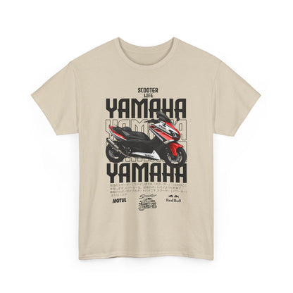 Yamaha Scooter Life Men's T-Shirt featuring striking graphics in a red and white design, showcasing a scooter rider and bold 'Yamaha' text, perfect for motorcycle enthusiasts. Premium fabric and vibrant print reflect adventure and style.