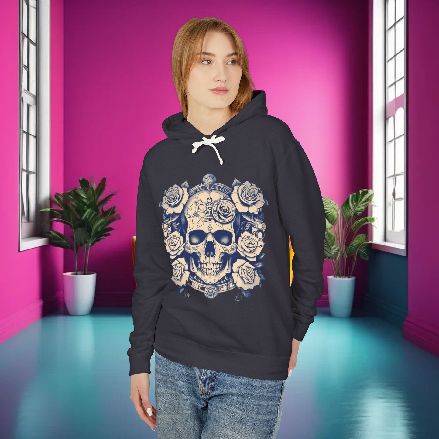 Steampunk Skull and Roses Lightweight Hoodie, Unisex Edgy Designer Sweatshirt