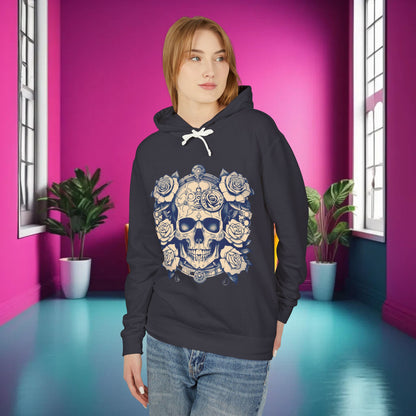 Elegant Steampunk Skull and Roses Lightweight Hoodie worn by a model against a vibrant background, perfect for a bold fashion statement.