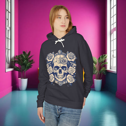 Elegant Steampunk Skull and Roses Lightweight Hoodie worn by a model against a vibrant background, perfect for a bold fashion statement.