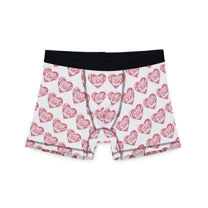 Valentines Naughty Cheeky Mens Boxer Briefs featuring playful heart graphic and bold text 'I LICKED IT SO IT'S MINE', perfect for romantic gifts.