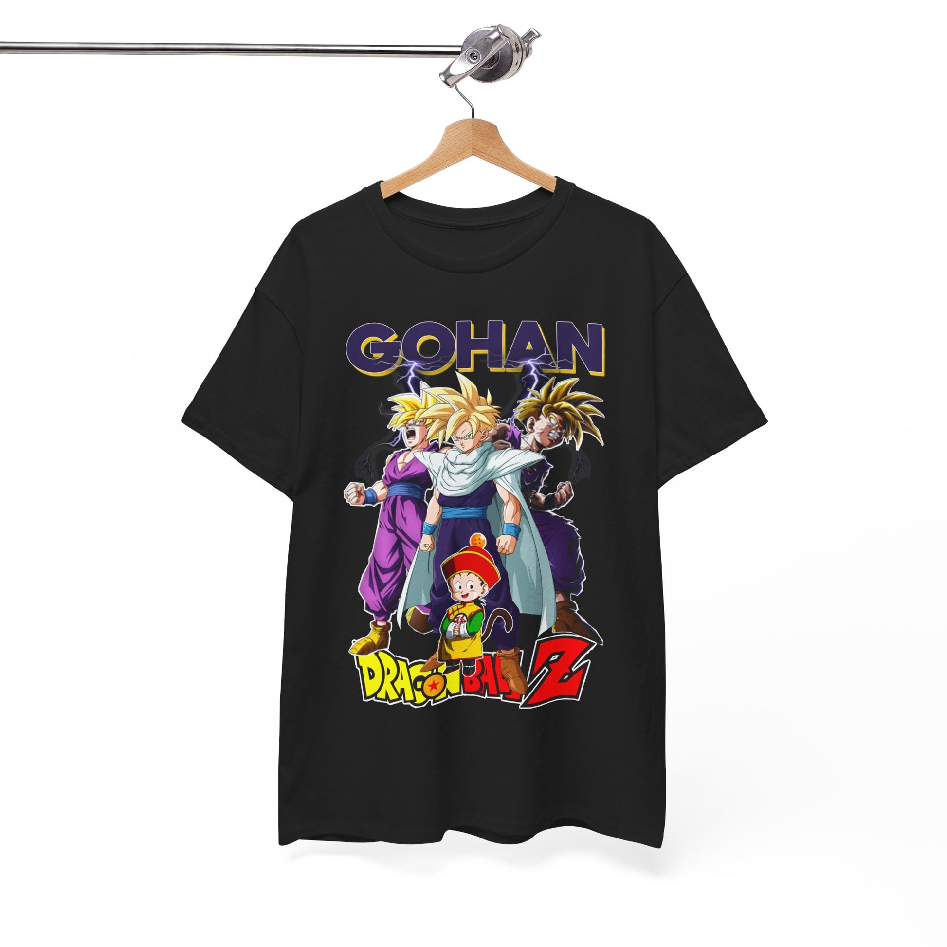 Luxury Gohan Ascends T-Shirt featuring vibrant anime graphics from Dragon Ball Z, showcasing Gohan with fierce allies against a striking black background.