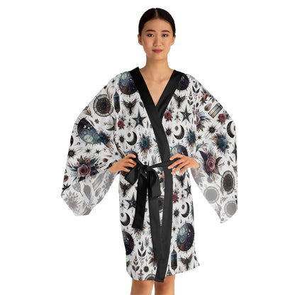 Floral Kimono Robe, Women's Robe, Designer Lounge Wear beautifully styled with a captivating floral and celestial theme, ideal for relaxed elegance.
