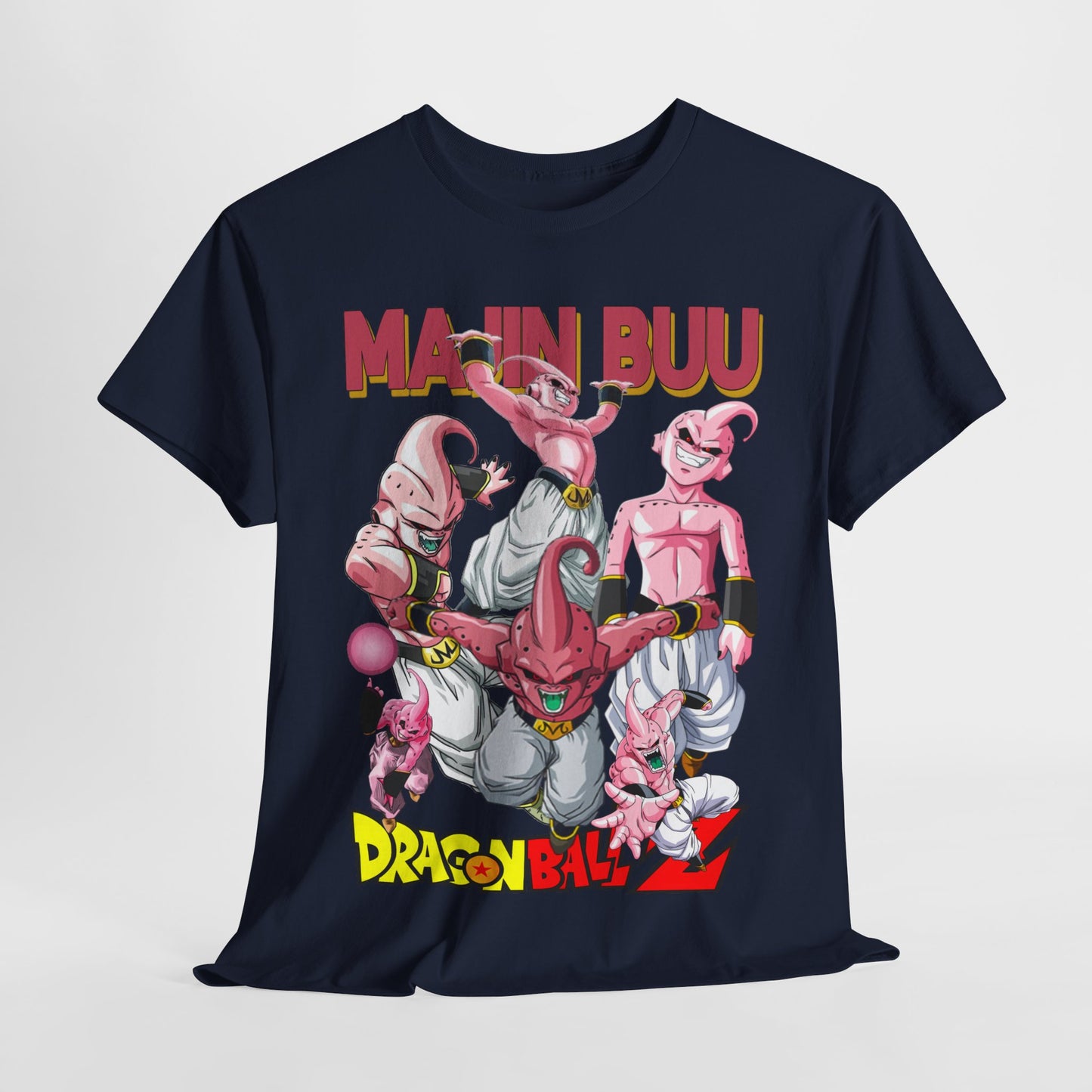 Artistic front view of an elegant Dragon Ball Z Majin Buu T-shirt, draped casually to highlight its vibrant colours and intricate print design.