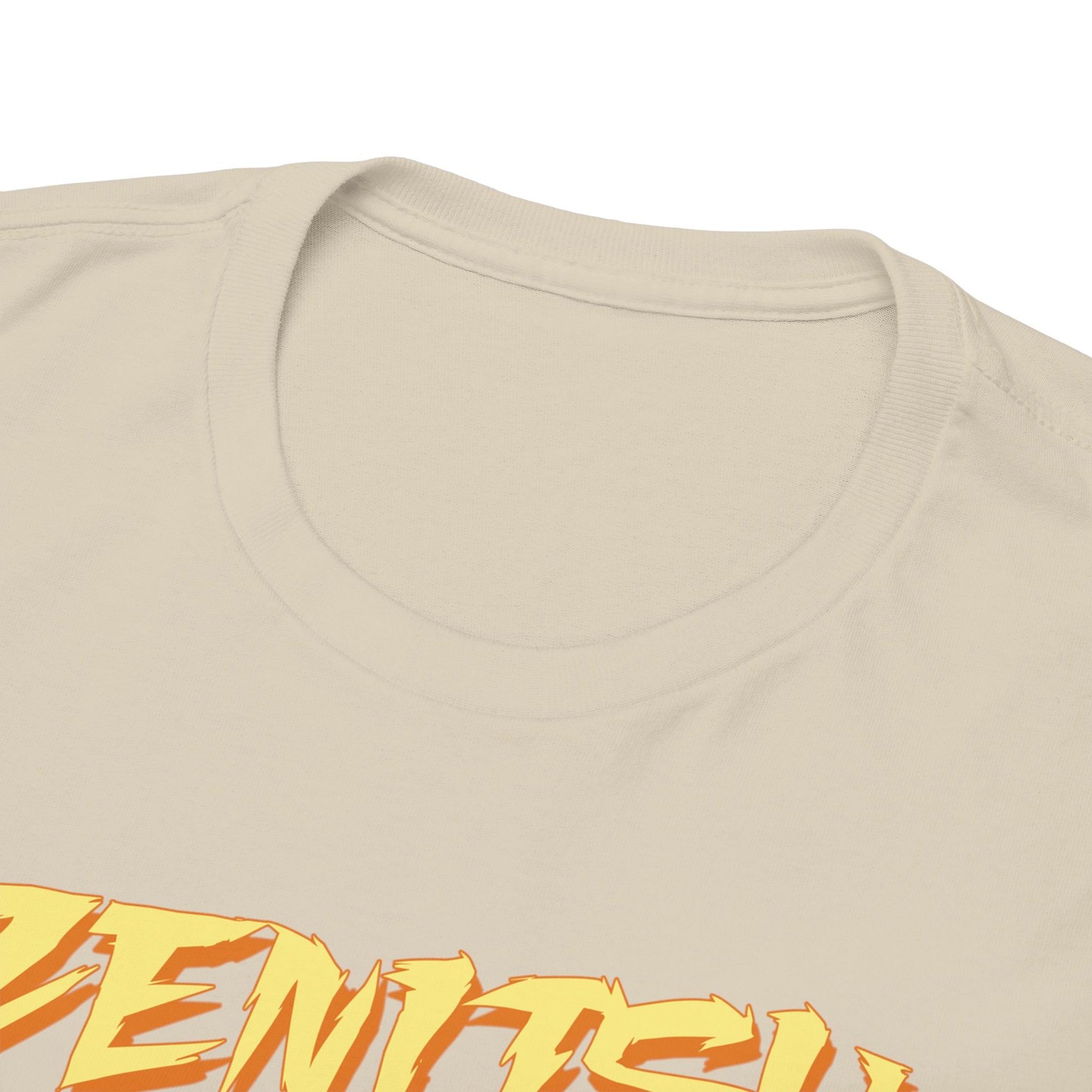 Detail view of the high-quality collar of the Zenitsu Agatsuma t-shirt, showcasing its luxurious fabric and meticulous craftsmanship.