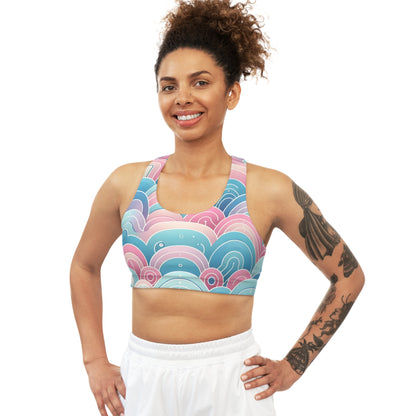 Model wearing Marcella Kensington Pastel Gradient Sports Bra during a workout, embodying the blend of high performance aesthetics and dynamic stretch for a colourful fitness experience.