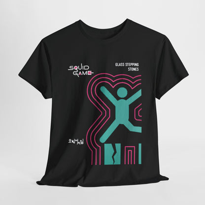 Elegant black graphic t-shirt featuring a playful Squid Game design, showcasing the 'Glass Stepping Stones' theme with vibrant turquoise and pink accents, perfect for making a bold fashion statement.