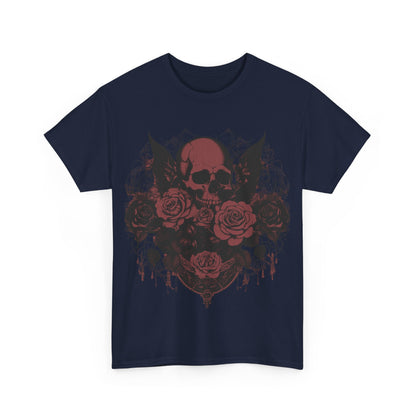 Skulls and Roses Cotton Tee - Unisex Graphic Shirt featuring a striking steampunk-inspired skull and rose design in rich hues on a navy background.