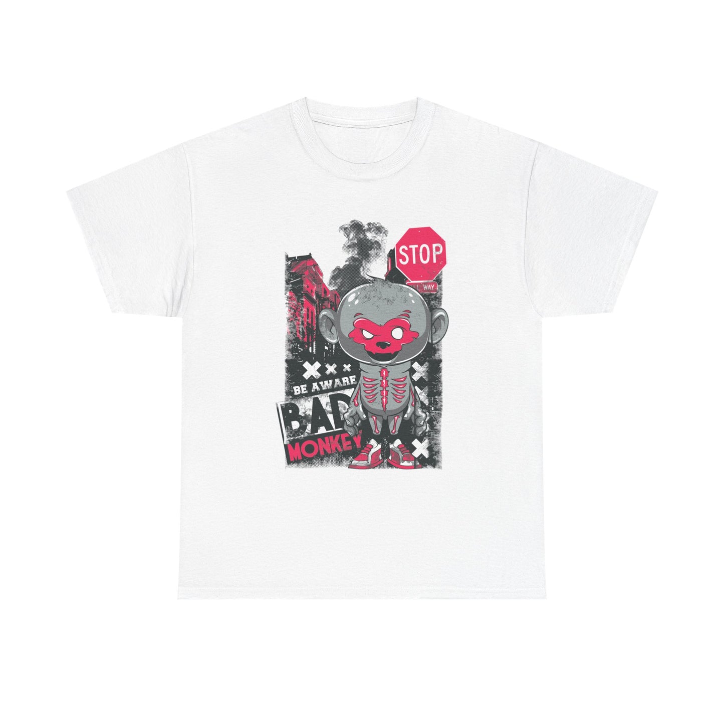 Stylish Urban Monkey Men's T-Shirt featuring vibrant grunge art with bold graphics, including a cartoon monkey in a red mask, set against a dynamic cityscape backdrop.