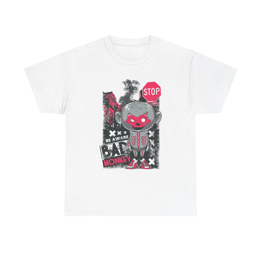Stylish Urban Monkey Men's T-Shirt featuring vibrant grunge art with bold graphics, including a cartoon monkey in a red mask, set against a dynamic cityscape backdrop.