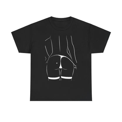 Stylish and luxurious unisex black graphic tee adorned with an artistic white outline of a female form, highlighting alluring contours and a decorative heart, ideal for making a bold fashion statement.