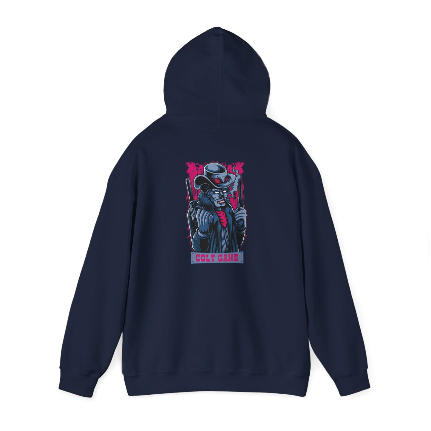 Chic rear view of a navy hoodie adorned with a captivating graphic of a dynamic character in cowboy attire, embodying elegance and a daring spirit.