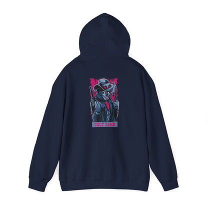 Chic rear view of a navy hoodie adorned with a captivating graphic of a dynamic character in cowboy attire, embodying elegance and a daring spirit.