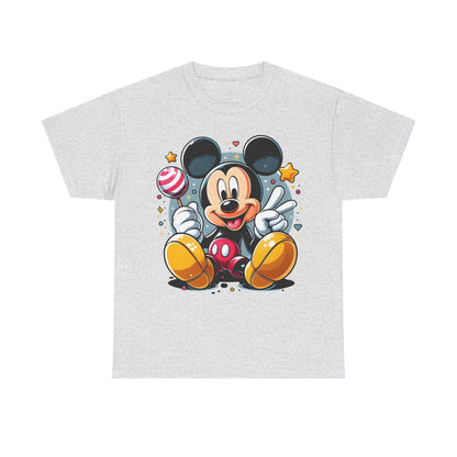 Sophisticated Mickey Mouse Unisex Graphic Tee Shirt in Light Gray, showcasing a delightful graphic of Mickey Mouse joyfully holding a lollipop, ideal for casual outings.