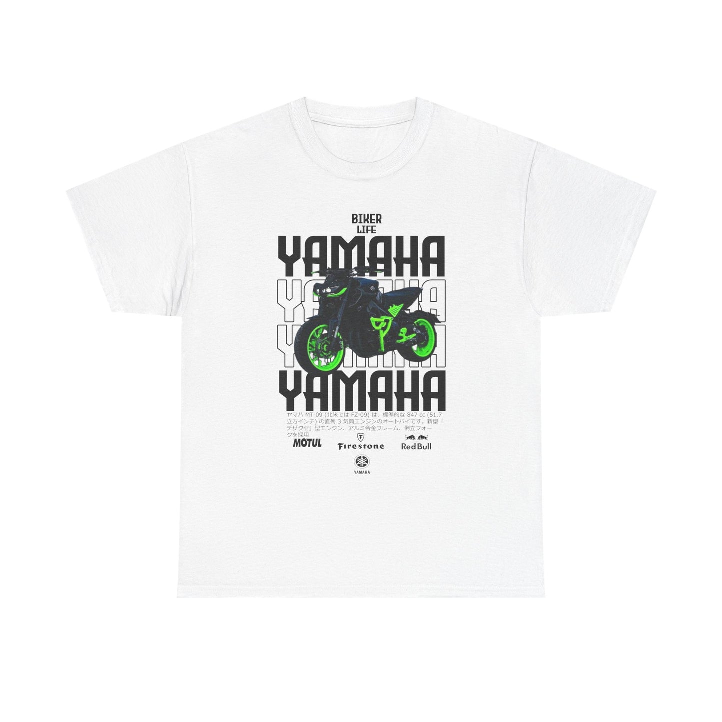 Luxurious white men's t-shirt featuring a striking Yamaha motorcycle graphic, vibrant green accents, and bold lettering that reads 'BIKER LIFE' and 'YAMAHA,' perfect for motorcycle enthusiasts who value premium style and comfort.
