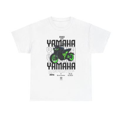 Luxurious white men's t-shirt featuring a striking Yamaha motorcycle graphic, vibrant green accents, and bold lettering that reads 'BIKER LIFE' and 'YAMAHA,' perfect for motorcycle enthusiasts who value premium style and comfort.