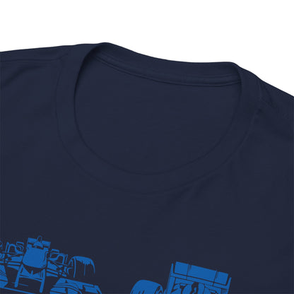 Close-up view of the neckline of the Alpine F1 Team men's T-shirt, featuring a luxurious navy fabric and elegant stitching.