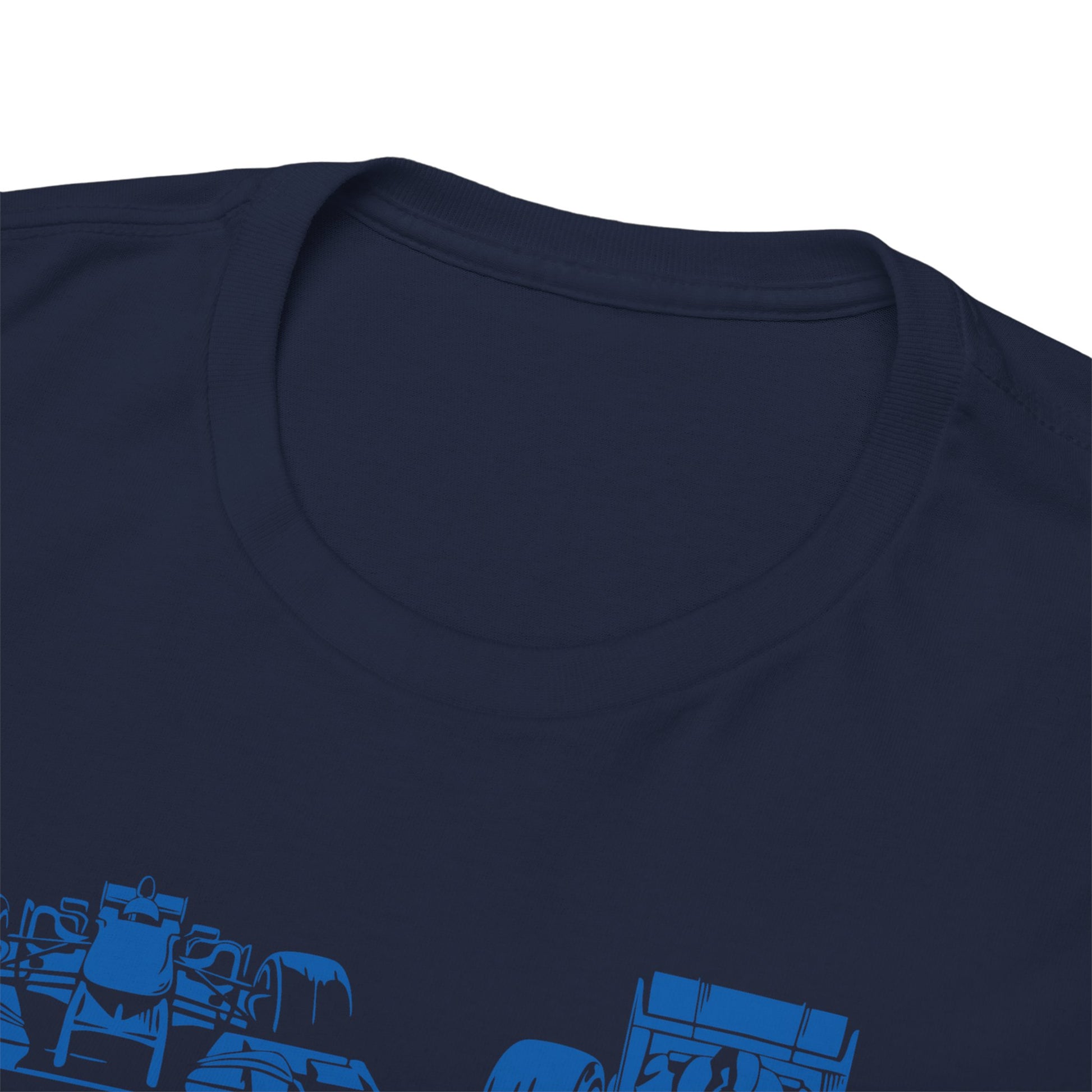 Close-up of the neckline and shoulder detail of the luxurious Alpine F1 Team Men's T-shirt, showcasing premium stitching and rich navy fabric.