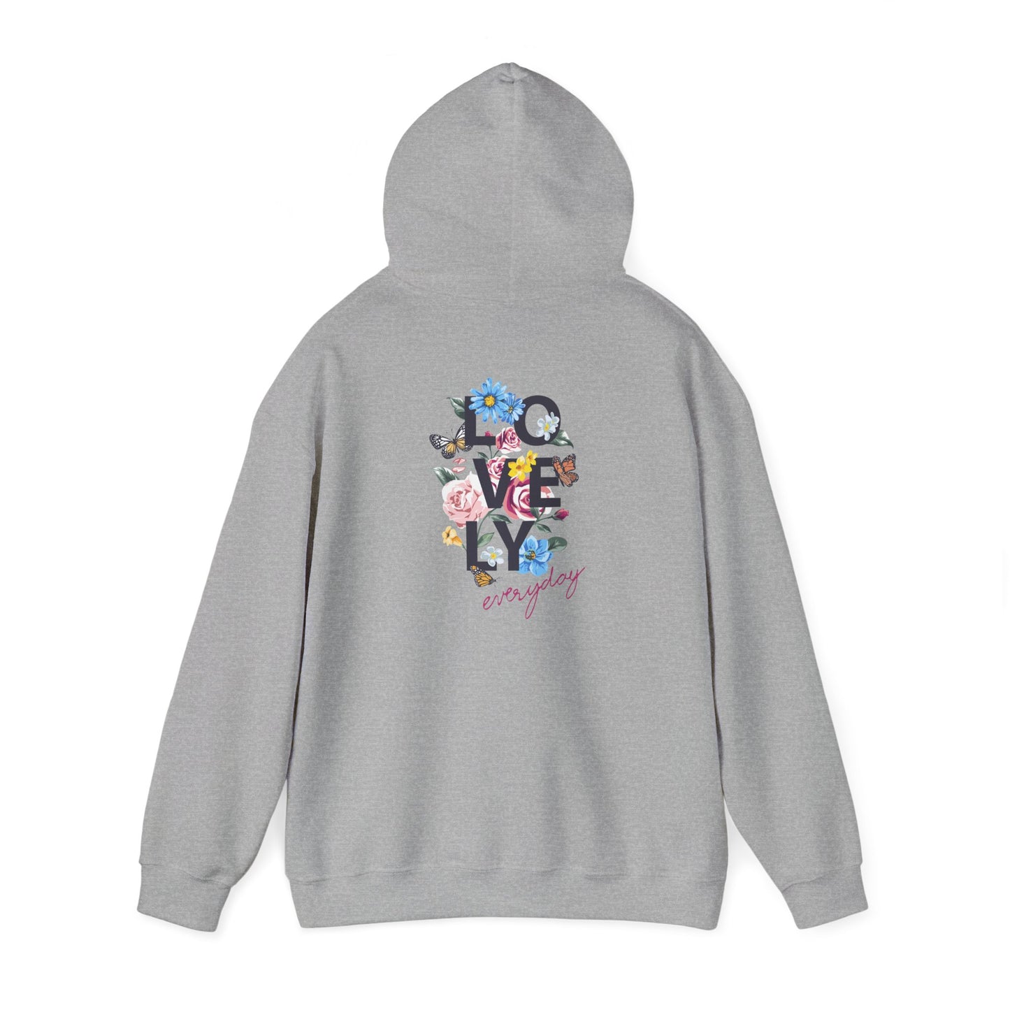 Elegant grey hoodie adorned with intricate floral designs on the back, highlighting the eye-catching typography of 'LOVELY everyday'.