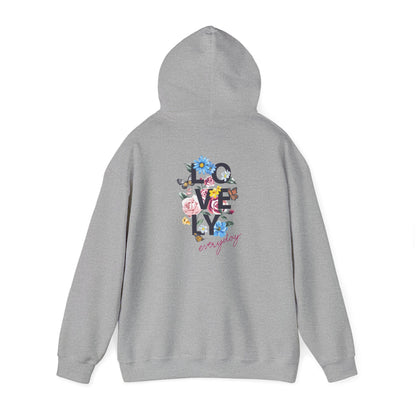 Elegant grey hoodie adorned with intricate floral designs on the back, highlighting the eye-catching typography of 'LOVELY everyday'.