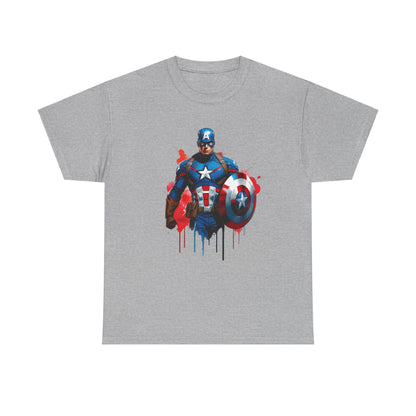 Elegant Captain America Graphic Tee in grey showcasing a bold comic illustration of Captain America, adorned with shield and artistic drips of colour. Premium unisex cotton t-shirt for ultimate comfort.
