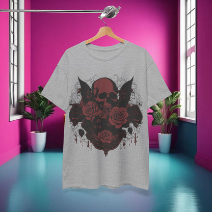 Front view of the elegant Skulls and Roses Cotton Tee showcasing its intricate steampunk artwork on a soft grey fabric, perfect for alternative fashion.