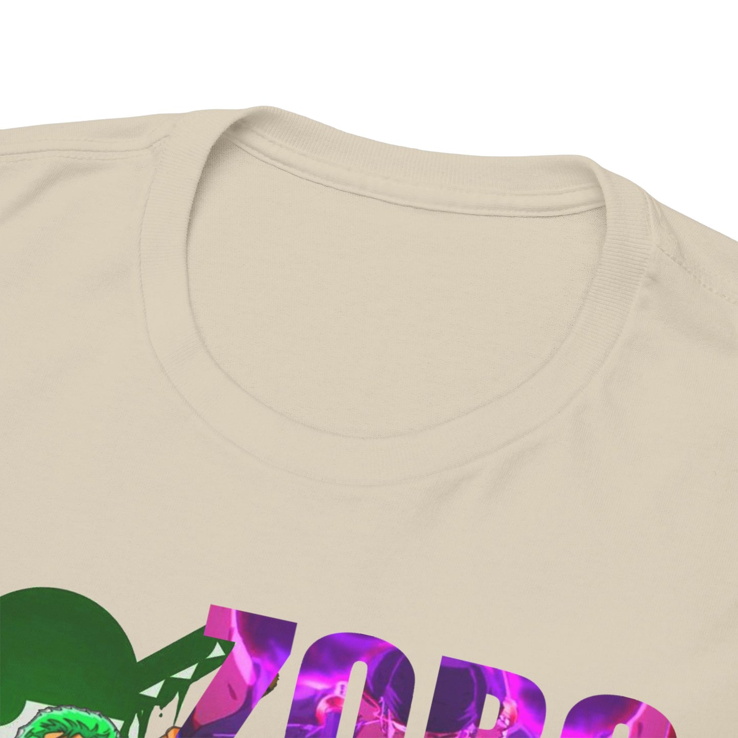 Close-up view of a premium quality Roronoa Zoro graphic t-shirt neckline, showcasing detail in fabric texture and bold character design, ideal for discerning fashion lovers.