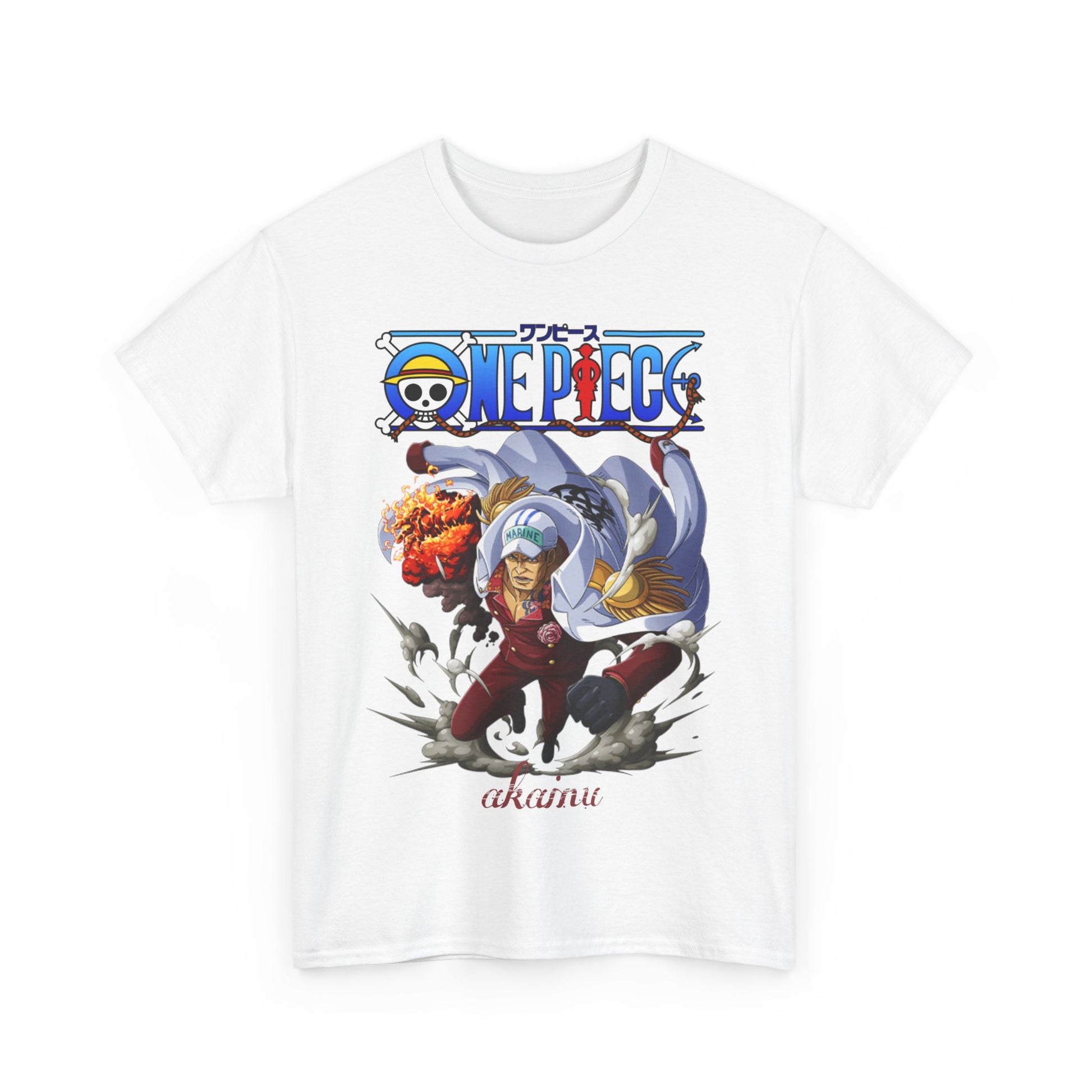 Stylish front view of the Akainu One Piece t-shirt, featuring exquisite graphic design and premium fabric, exemplifying the finest in anime-inspired streetwear.