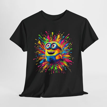 Funny T-Shirt Men's Minion Paint Splash Graphic Tee showcasing a playful Minion surrounded by a rainbow of paint splashes, ideal for casual wear. T Shirt, Funny, Minions.