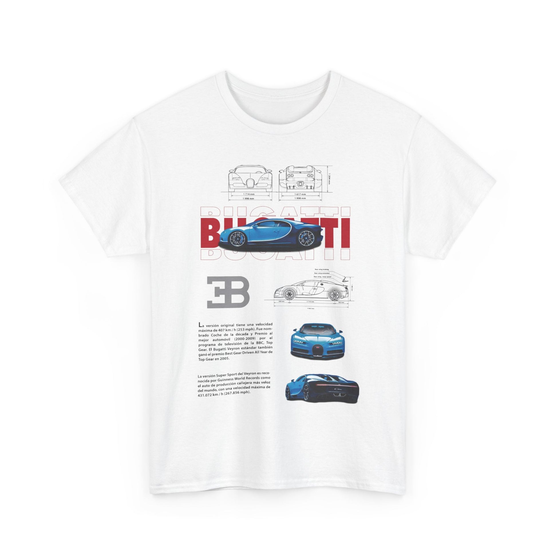 Elegant white Bugatti Chiron men's t-shirt featuring an artistic design with the Bugatti logo and comprehensive technical illustrations of the supercar.