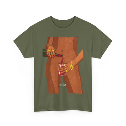 Vibrant Wine Glass Women's Graphic T-Shirt in olive green, adorned with a striking design of a figure pouring wine, perfect for those who embrace elegance and artistic flair.